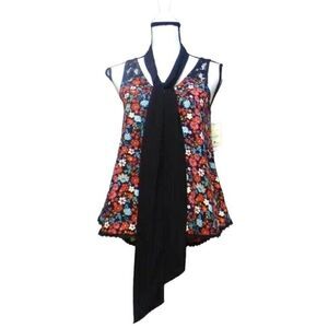 Belle Du Jour Junior’s Lace Trim Printed Scarf Top, Black-multi, XS